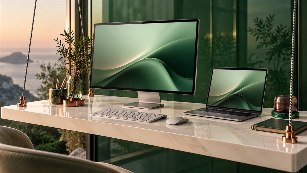 银色笔记本与显示器位于陶瓷悬吊桌面的macOS概念工作场景